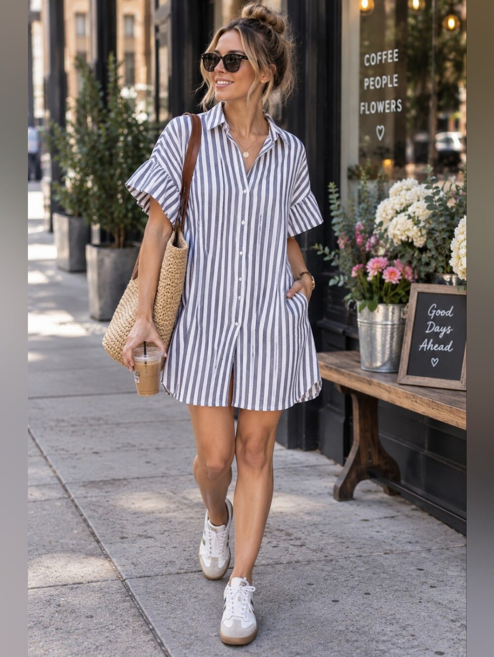 Madewell Striped Courier Ruffle-Sleeve Shirtdress size xs